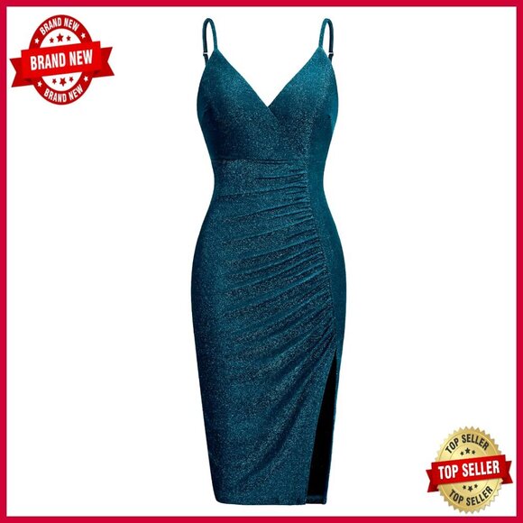 Dresses & Skirts - Sparkle Bodycon Midi Dress V Neck Spaghetti Straps Ruched Side Slit Party Wear